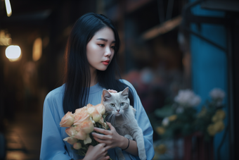 少女与猫咪青春鲜花