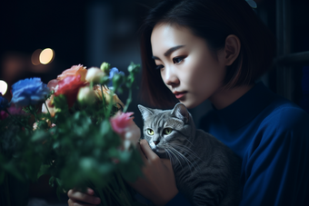 少女与猫咪女性肖像