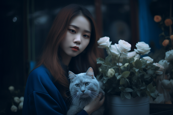 少女与猫咪唯美半身像