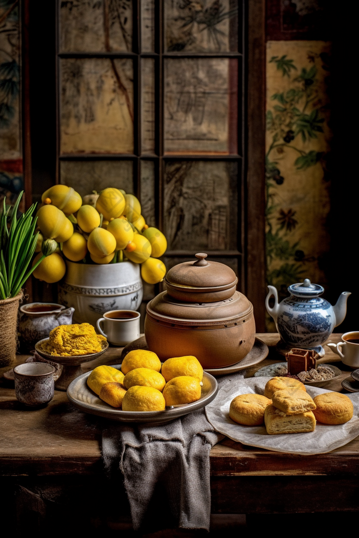 中式家具上的传统糕点摄影图41
