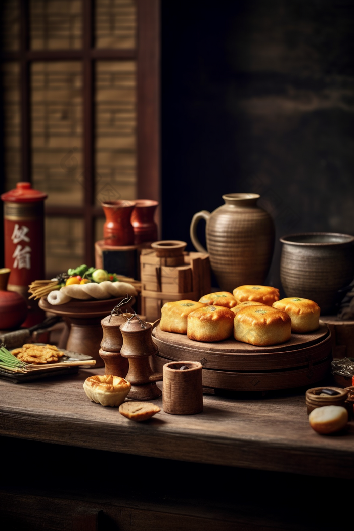 中式家具上的传统糕点陶瓷中国风