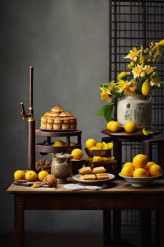 中式家具上的传统糕点摄影图24