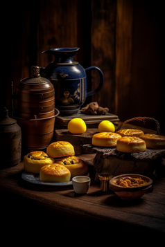 中式家具上的传统糕点摄影图3