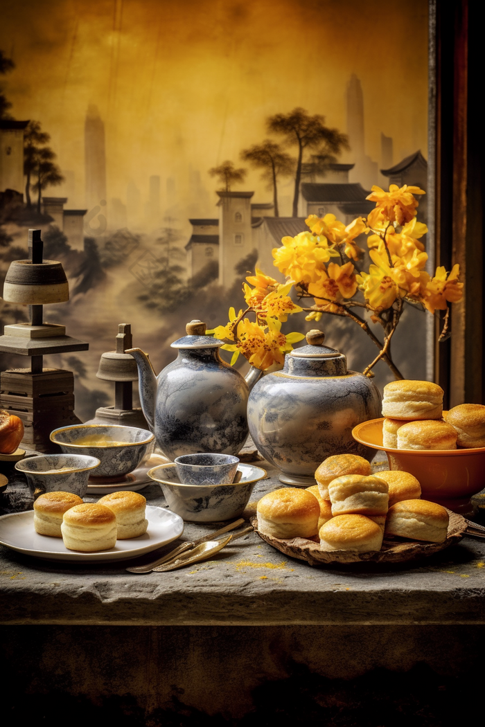 中式家具上的传统糕点陶瓷食物