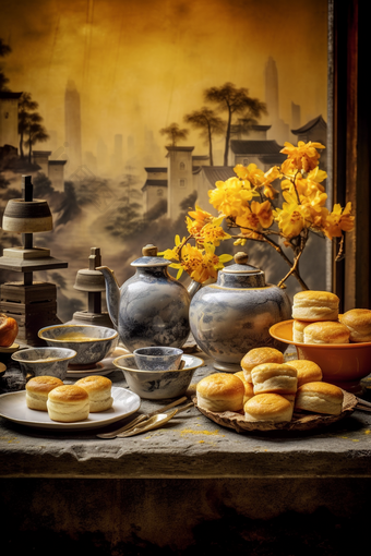 中式家具上的传统糕点<strong>陶瓷</strong>食物