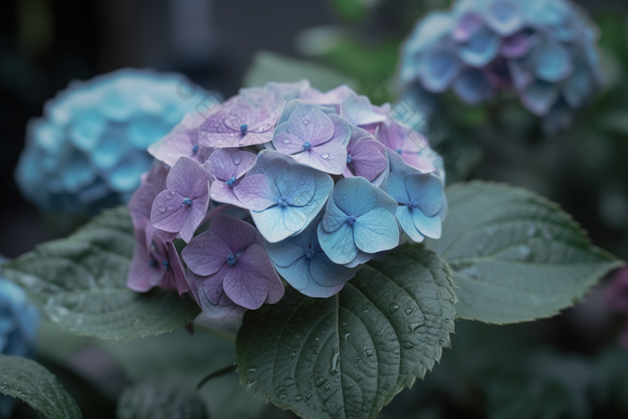 蓝色绣球花开紫色