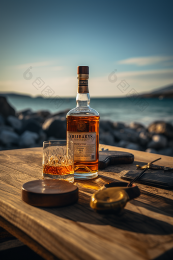 海边阳光下的<strong>威士忌</strong>木板酒