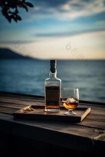 海边阳光下的威士忌透视酒杯