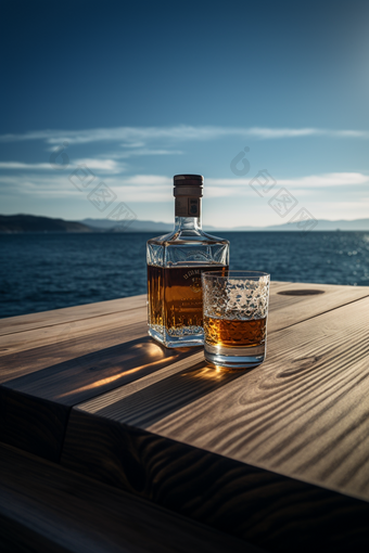 海边阳光下的威士忌大海酒