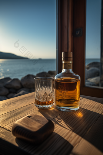 海边阳光下的威士忌透视酒
