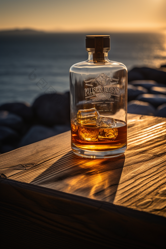 海边阳光下的威士忌木板玻璃杯