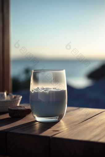 海边阳光下的牛奶透视酒杯