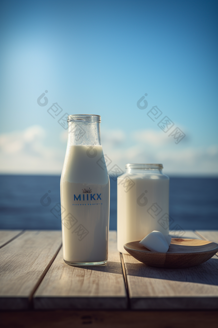 海边阳光下的牛奶透视木板