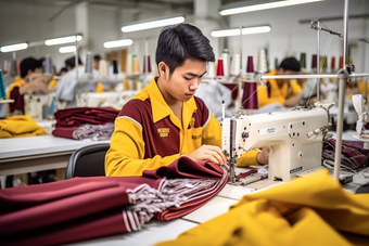 纺织厂流水线工人生产穿工作服的