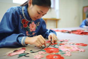 中国手工刺绣纺织厂流水线
