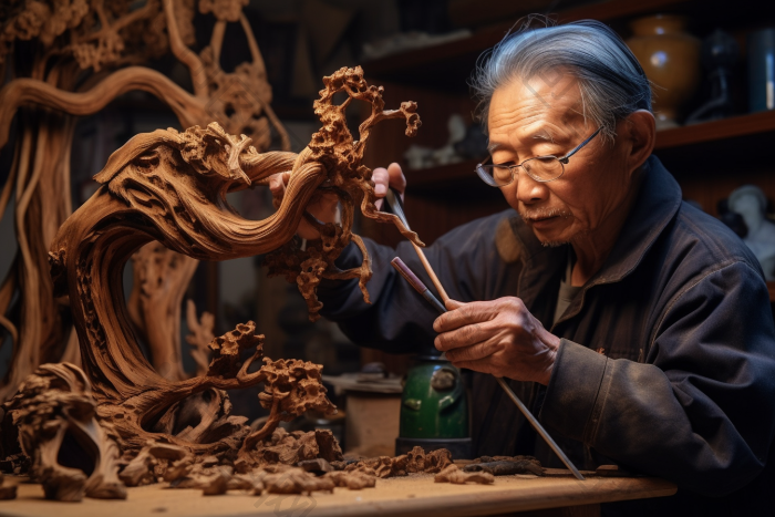 国风木雕师傅手工艺品精致雕刻图片-包图网