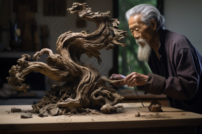 国风木雕师傅工艺品精致雕刻图片-包图网