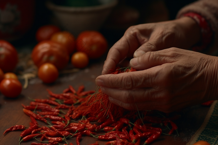 清理辣椒的手部食物美食