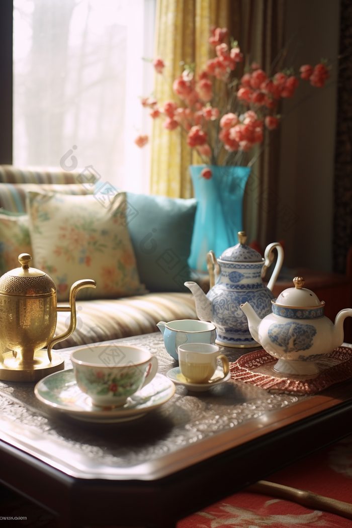 陶瓷茶具暖色调家居被子