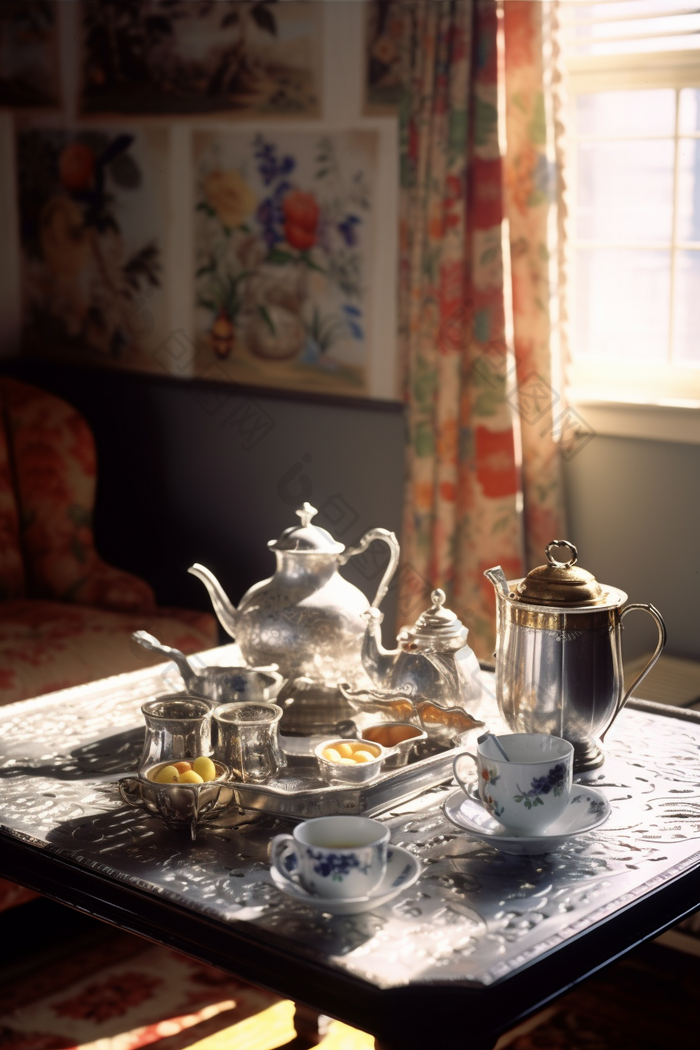 陶瓷茶具暖色调家具被子