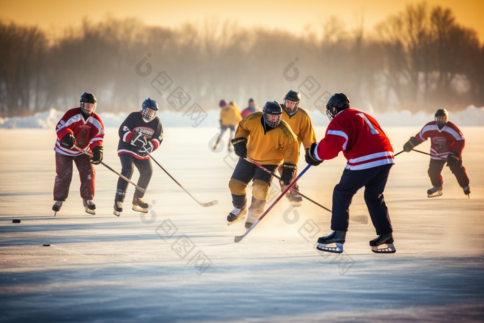 冬季冰球运动曲棍球阳光滑冰