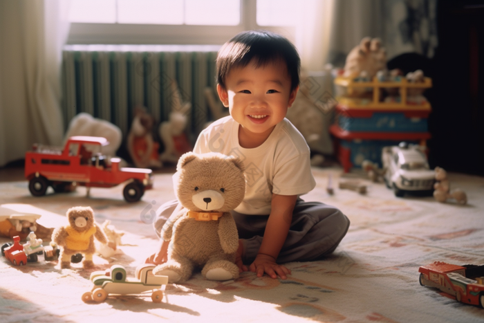 小男孩居家玩耍小玩具