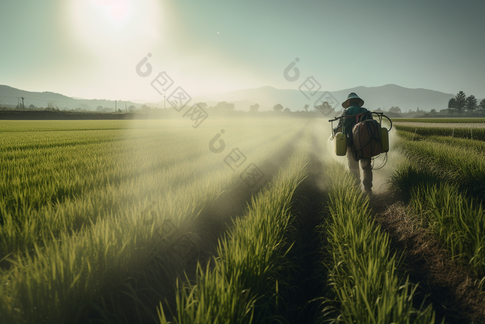 喷洒农药的农民田地蓝天