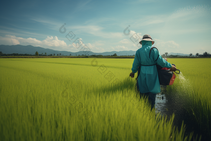 喷洒农药的农民种植营养