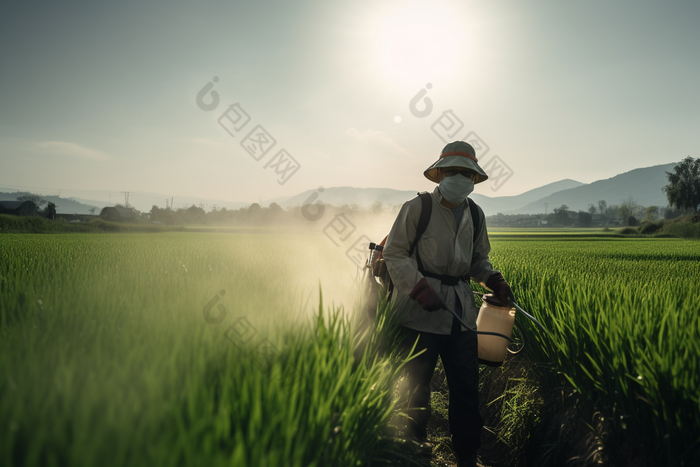 喷洒农药的农民田地阳光