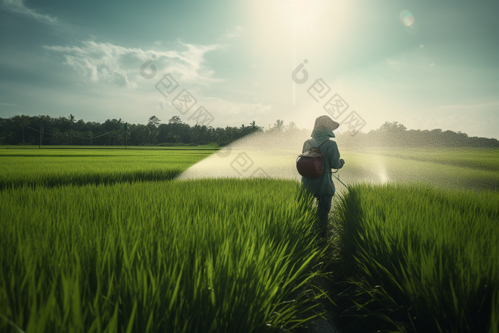 喷洒农药的农民田地蔬菜