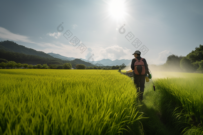 喷洒农药的农民种植田