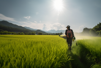 喷洒农药的农民种植田