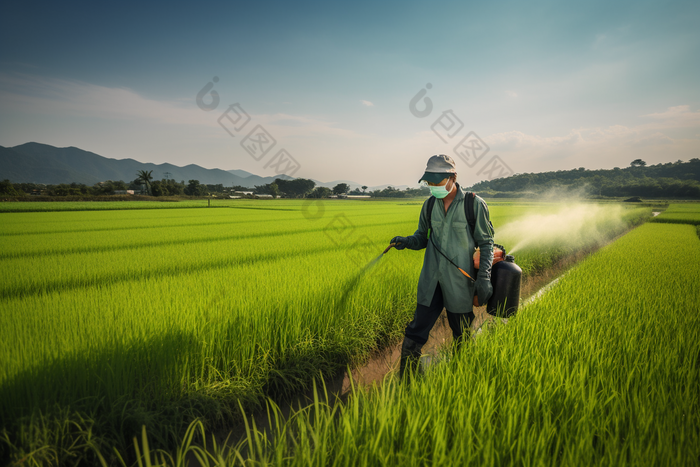 喷洒农药的农民种植蓝天