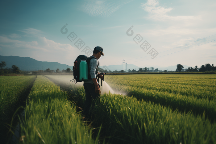 喷洒农药的农民种植蔬菜