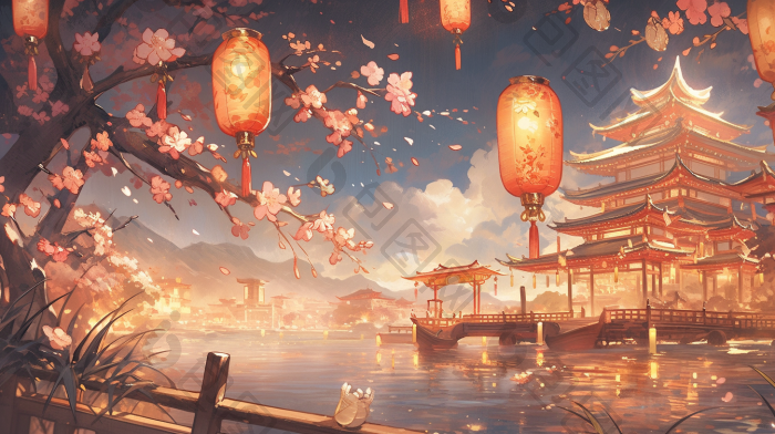 国风古代江南小镇和风插画图片-包图网
