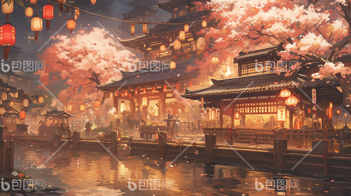 国风古代江南小镇和风灯火插画图片-包图网
