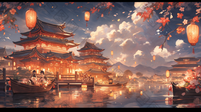 国风古代江南小镇古风木质插画图片-包图网