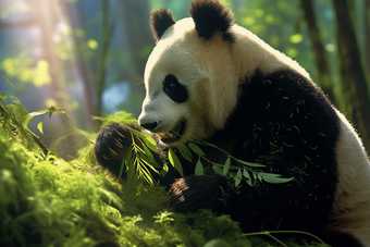 悠闲自在的成年大熊猫竹子阳光