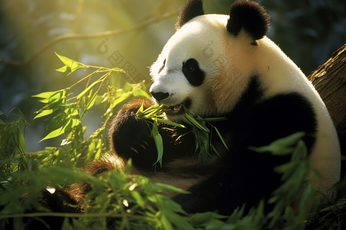 悠闲自在的成年大熊猫咀嚼叶子