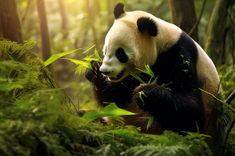 悠闲自在的成年大熊猫竹子树叶