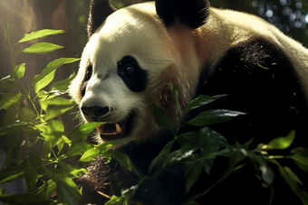 悠闲自在的成年大熊猫咀嚼阳光