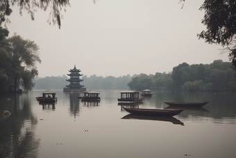 景区湖面的游船游中国风