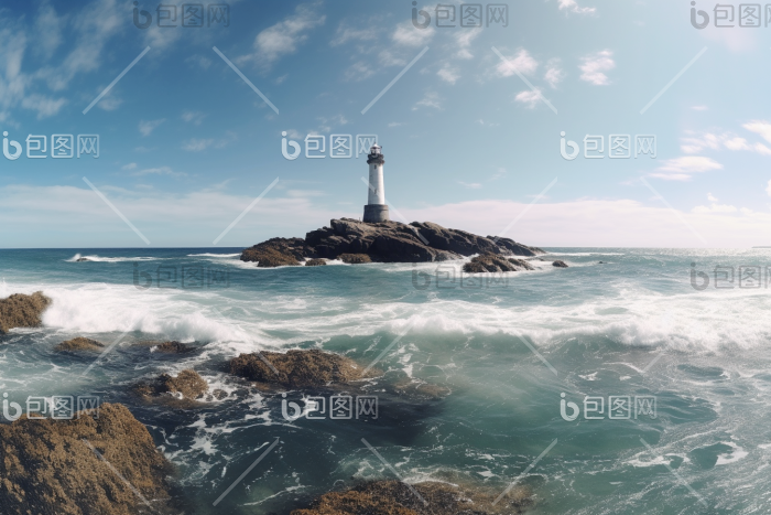 矗立在礁石上的灯塔大海海浪图片-包图网