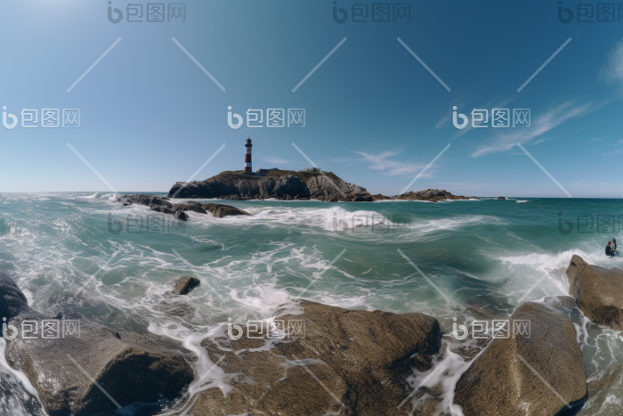 矗立在礁石上的灯塔海绵天空图片-包图网