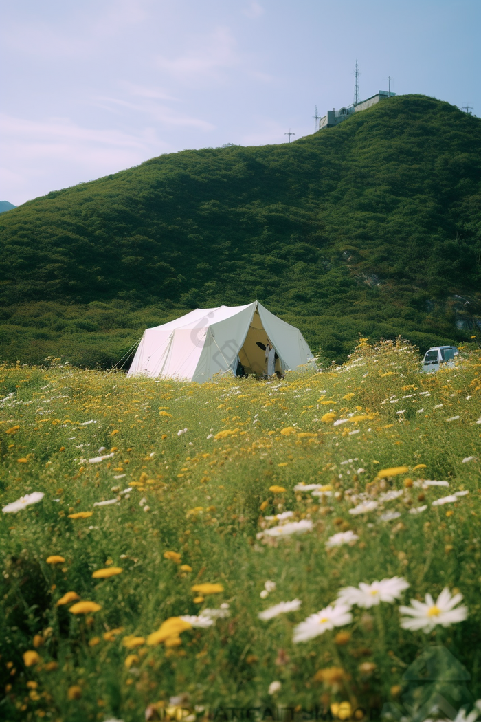 草地帐篷野营清新野餐晴朗