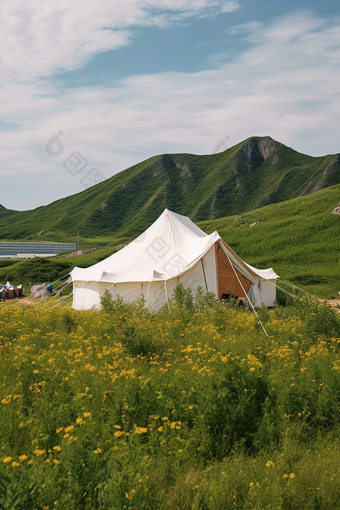 草地帐篷野营清新露营美景