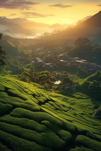 落日茶园风光中国传统文化风景