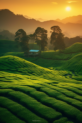 落日茶园风光采美景