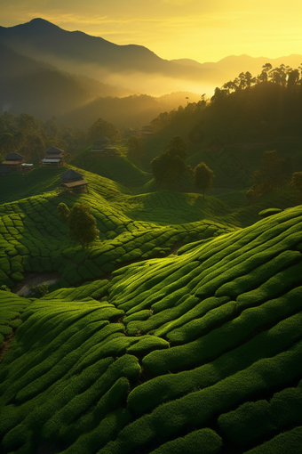 落日茶园风光花风景