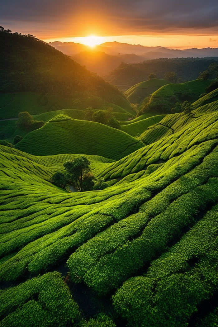 落日茶园风光文化风景